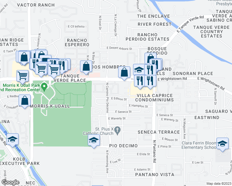 map of restaurants, bars, coffee shops, grocery stores, and more near 7641 East Edison Street in Tucson