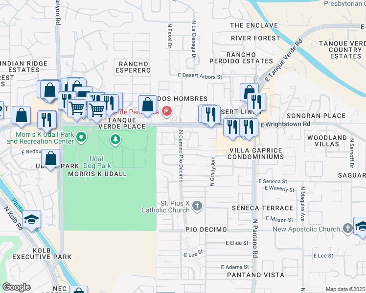 map of restaurants, bars, coffee shops, grocery stores, and more near 7555 East Edison Street in Tucson