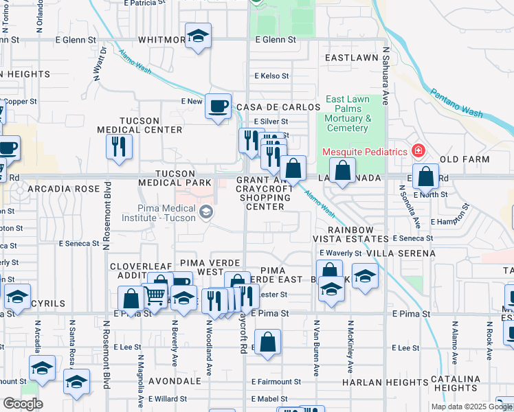 map of restaurants, bars, coffee shops, grocery stores, and more near 2250 North Craycroft Road in Tucson
