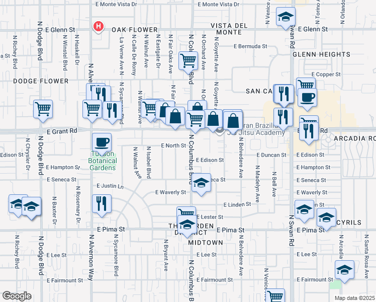 map of restaurants, bars, coffee shops, grocery stores, and more near 4301 East Edison Street in Tucson