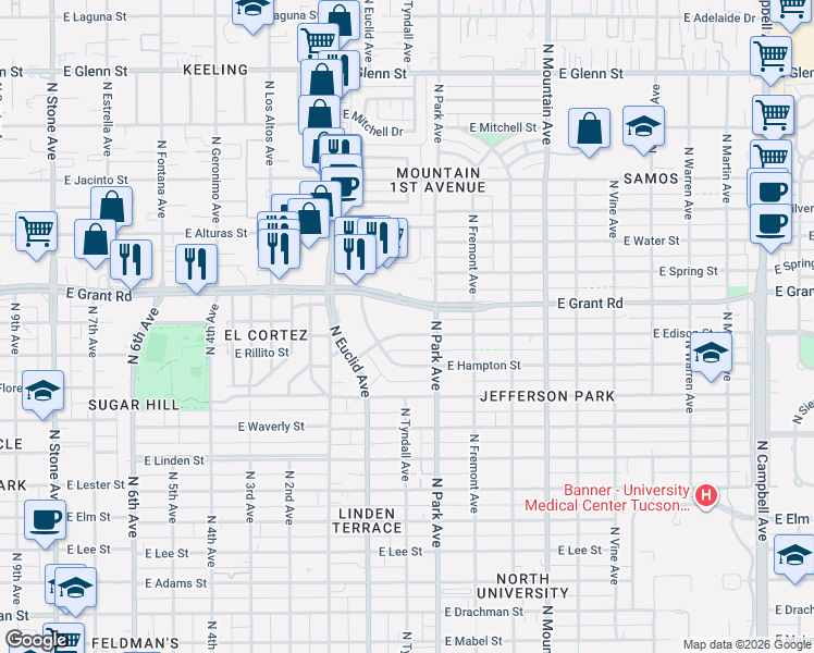 map of restaurants, bars, coffee shops, grocery stores, and more near 932 East Edison Street in Tucson