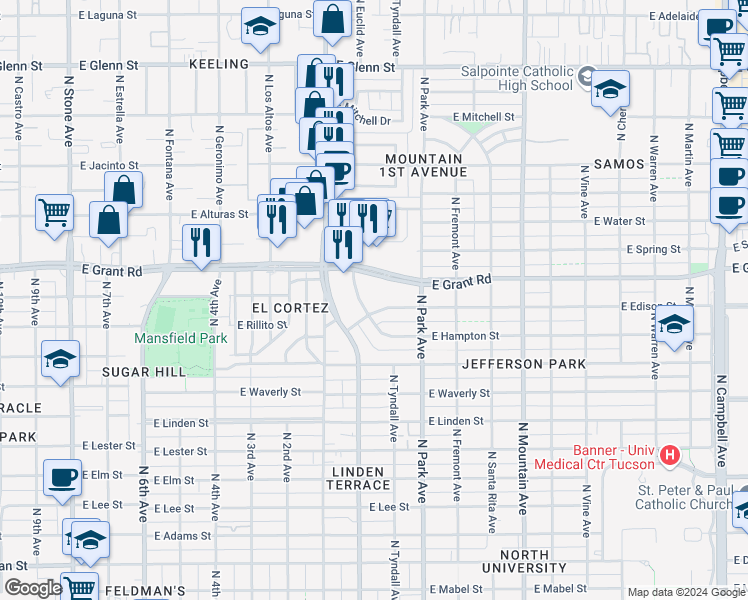 map of restaurants, bars, coffee shops, grocery stores, and more near 2301 North Hampton Street in Tucson