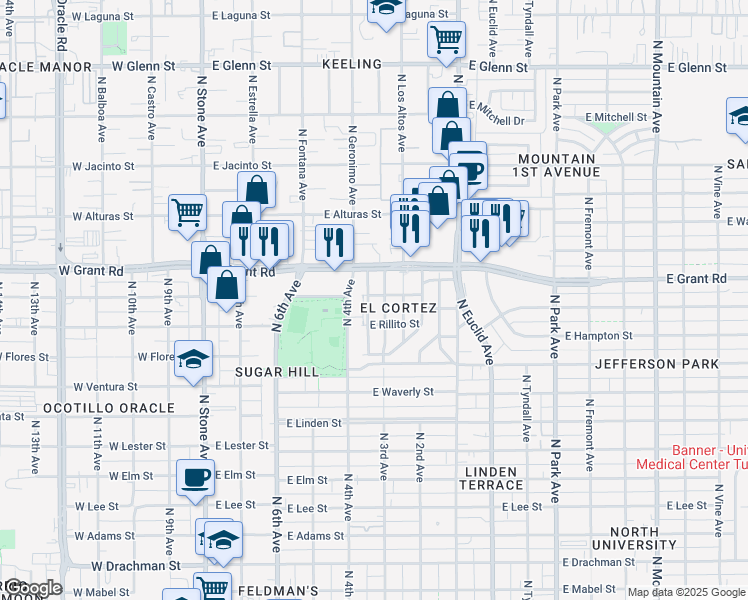 map of restaurants, bars, coffee shops, grocery stores, and more near 2224 North 3rd Avenue in Tucson