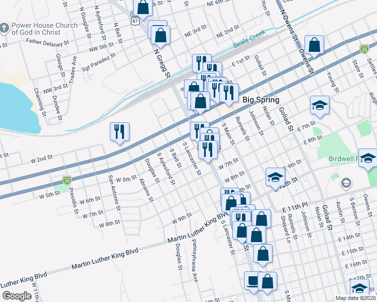 map of restaurants, bars, coffee shops, grocery stores, and more near 401 West 5th Street in Big Spring
