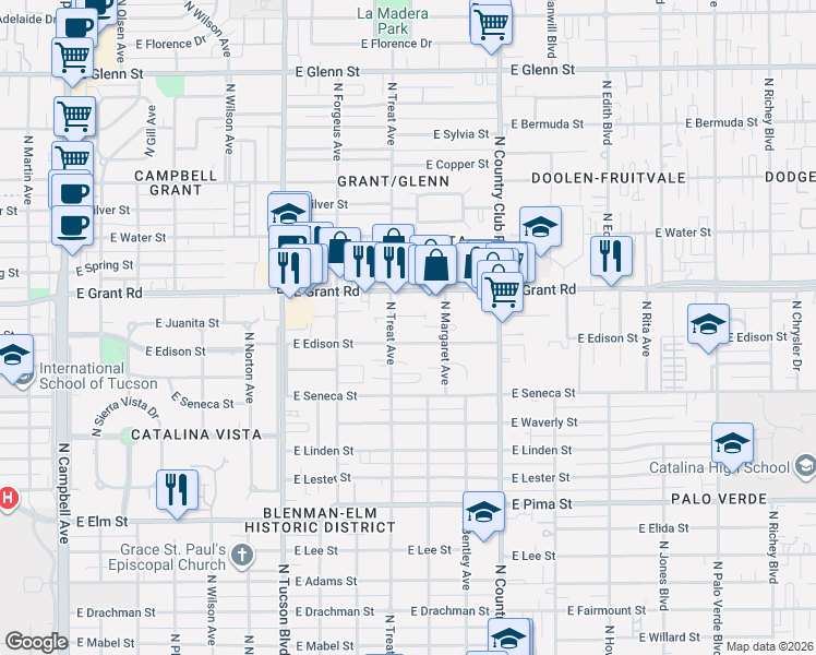 map of restaurants, bars, coffee shops, grocery stores, and more near 2802 East Edison Street in Tucson