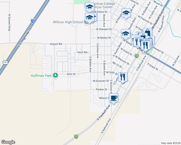 map of restaurants, bars, coffee shops, grocery stores, and more near 604 West Soto Street in Willcox
