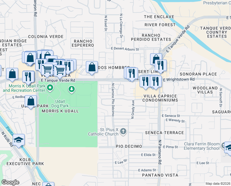 map of restaurants, bars, coffee shops, grocery stores, and more near 7604 East Callisto Circle in Tucson