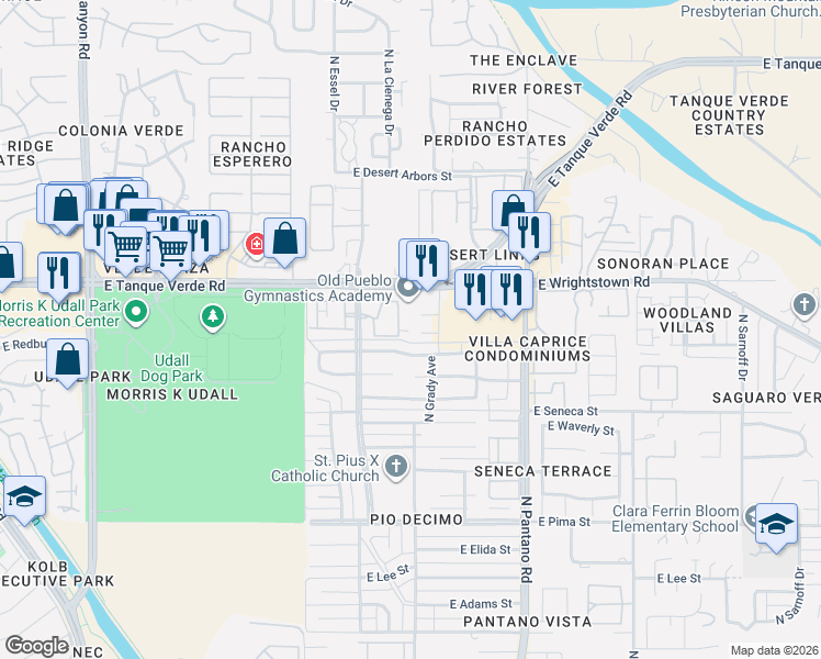 map of restaurants, bars, coffee shops, grocery stores, and more near 7641 East Edison Street in Tucson
