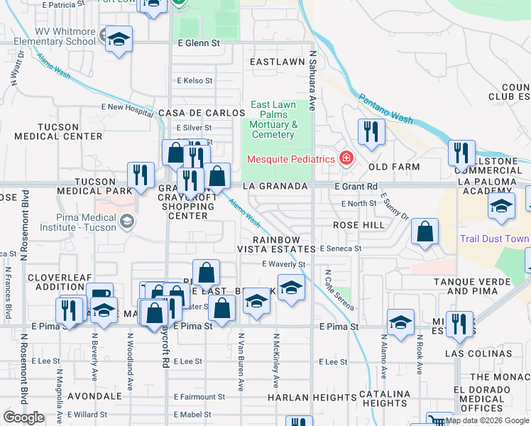 map of restaurants, bars, coffee shops, grocery stores, and more near 2241 North Rainbow Vista Drive in Tucson