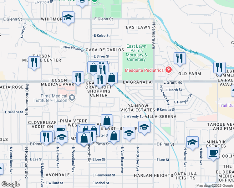 map of restaurants, bars, coffee shops, grocery stores, and more near 2232 North Frannea Drive in Tucson