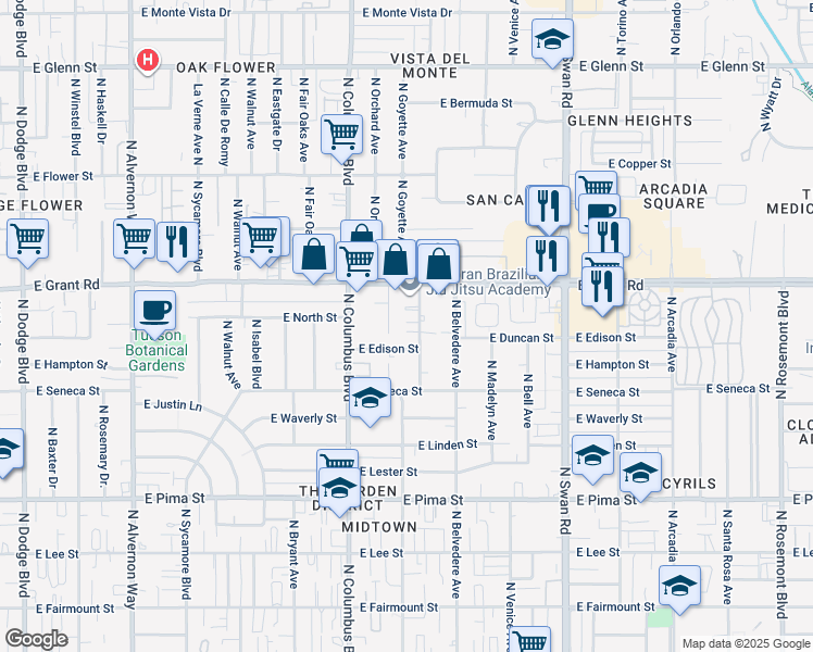 map of restaurants, bars, coffee shops, grocery stores, and more near 4349 East Edison Street in Tucson