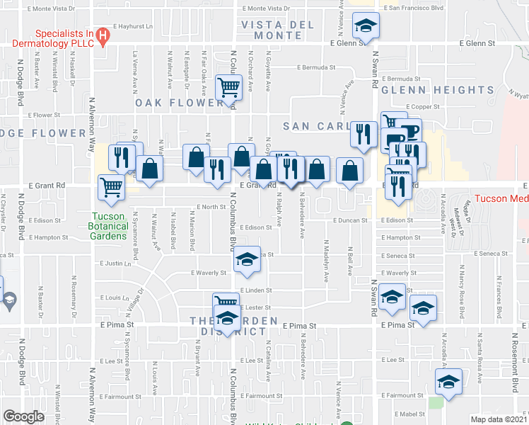 map of restaurants, bars, coffee shops, grocery stores, and more near 4349 East Edison Street in Tucson