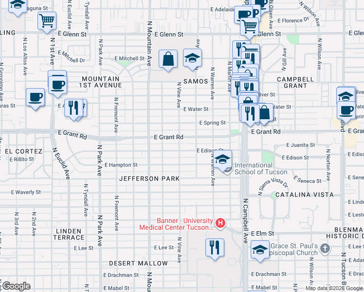map of restaurants, bars, coffee shops, grocery stores, and more near 1532 East Edison Street in Tucson