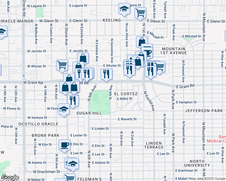 map of restaurants, bars, coffee shops, grocery stores, and more near 2200 North 4th Avenue in Tucson