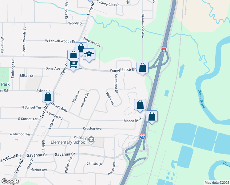map of restaurants, bars, coffee shops, grocery stores, and more near 3645 Southland Drive in Jackson