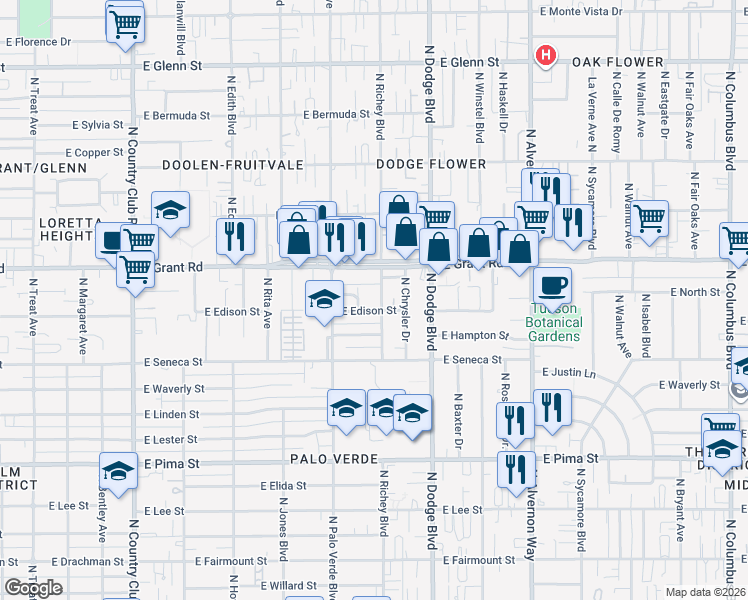 map of restaurants, bars, coffee shops, grocery stores, and more near 220 North Richey Boulevard in Tucson
