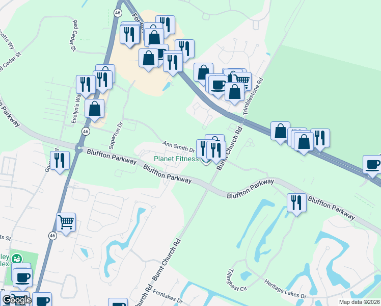 map of restaurants, bars, coffee shops, grocery stores, and more near 50 Burnt Church Road in Bluffton