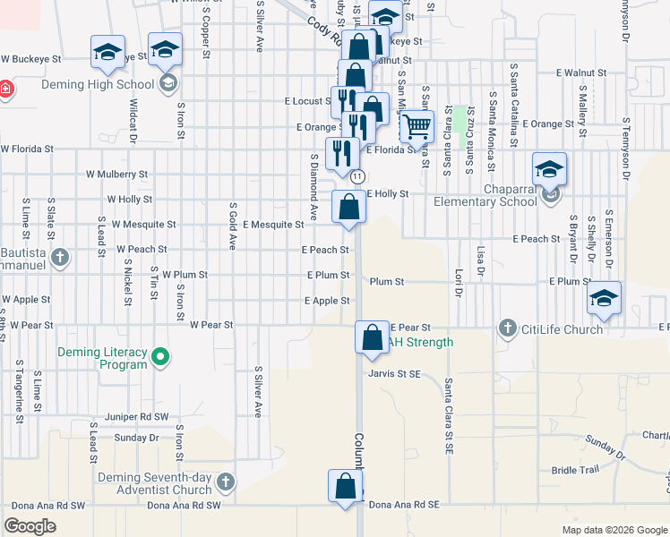 map of restaurants, bars, coffee shops, grocery stores, and more near 2000-2098 South Ruby Street in Deming