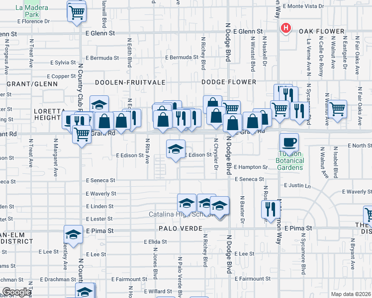 map of restaurants, bars, coffee shops, grocery stores, and more near 3524 East Edison Street in Tucson