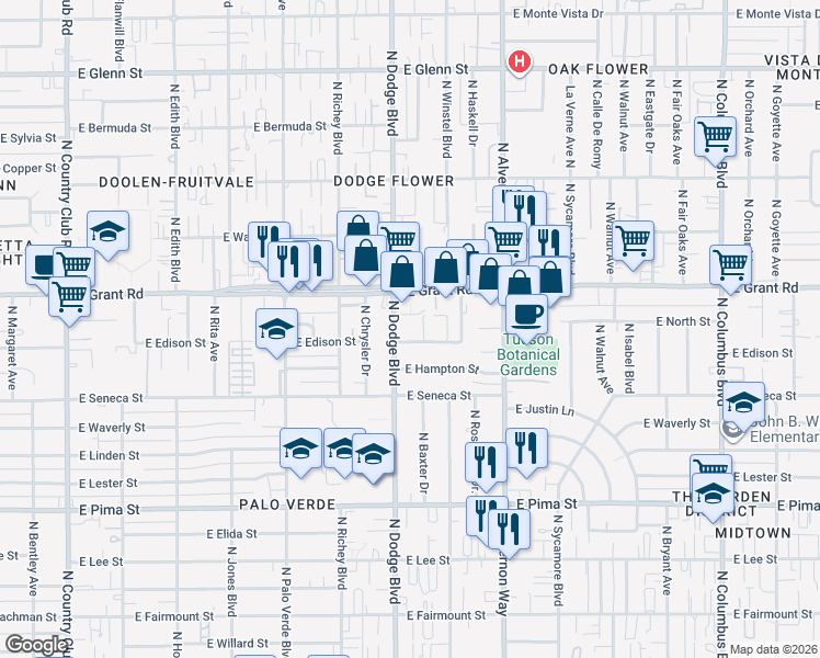 map of restaurants, bars, coffee shops, grocery stores, and more near 2200 North Dodge Boulevard in Tucson