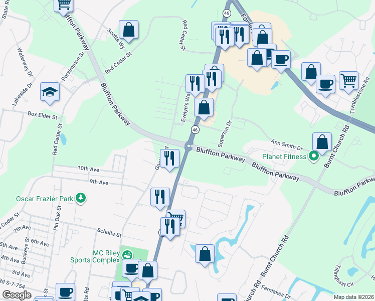 map of restaurants, bars, coffee shops, grocery stores, and more near Bluffton Road in Bluffton