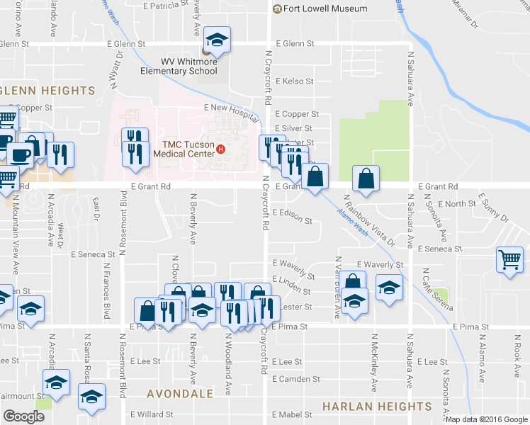 map of restaurants, bars, coffee shops, grocery stores, and more near 2299 North Craycroft Road in Tucson