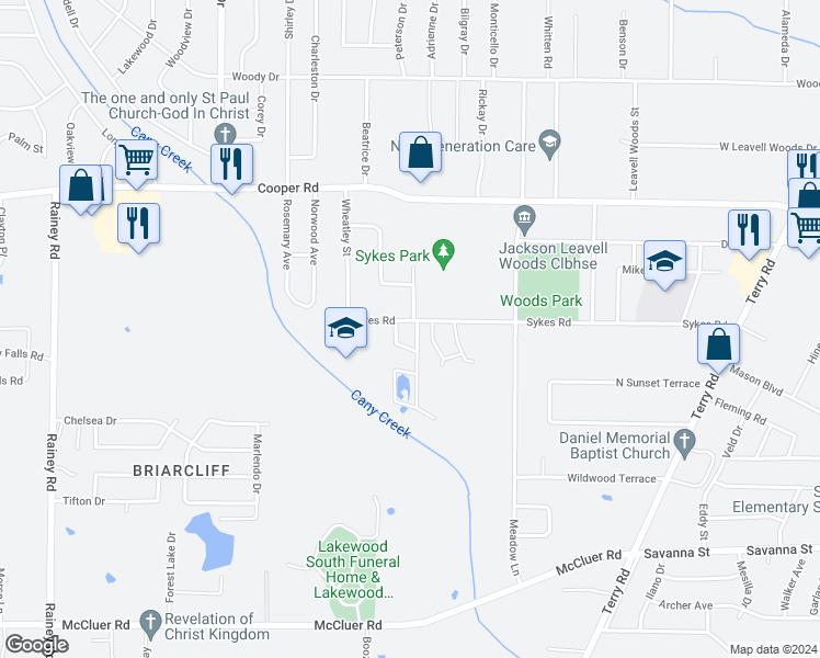 map of restaurants, bars, coffee shops, grocery stores, and more near 579 Sykes Road in Jackson