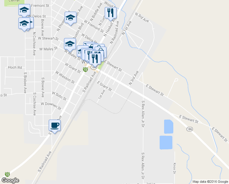 map of restaurants, bars, coffee shops, grocery stores, and more near East Grant Street in Willcox