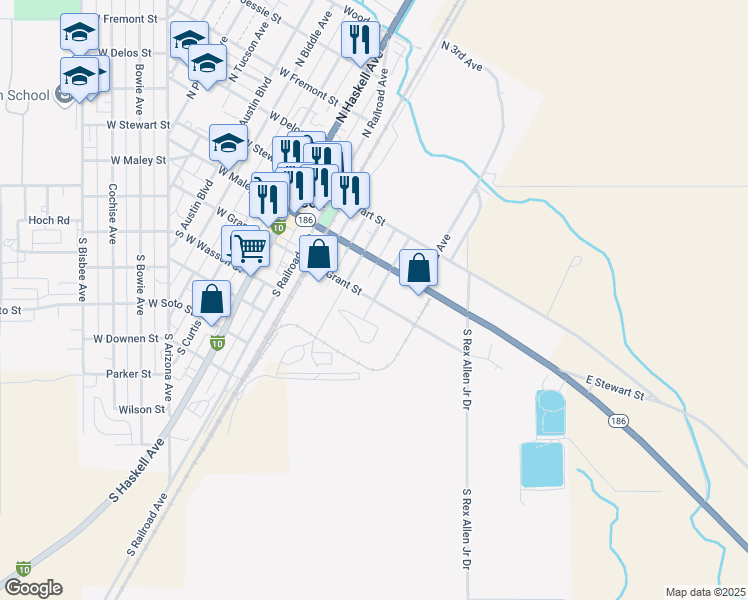 map of restaurants, bars, coffee shops, grocery stores, and more near East Grant Street in Willcox