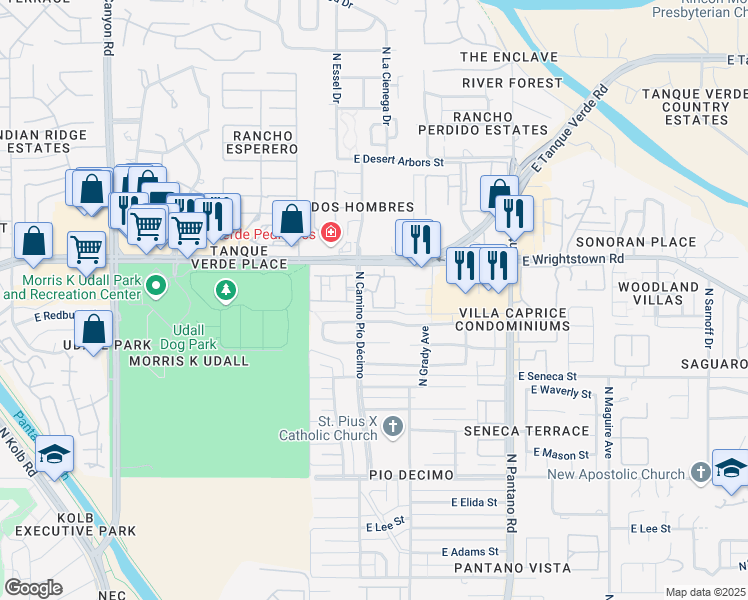 map of restaurants, bars, coffee shops, grocery stores, and more near 7619 East Callisto Circle in Tucson