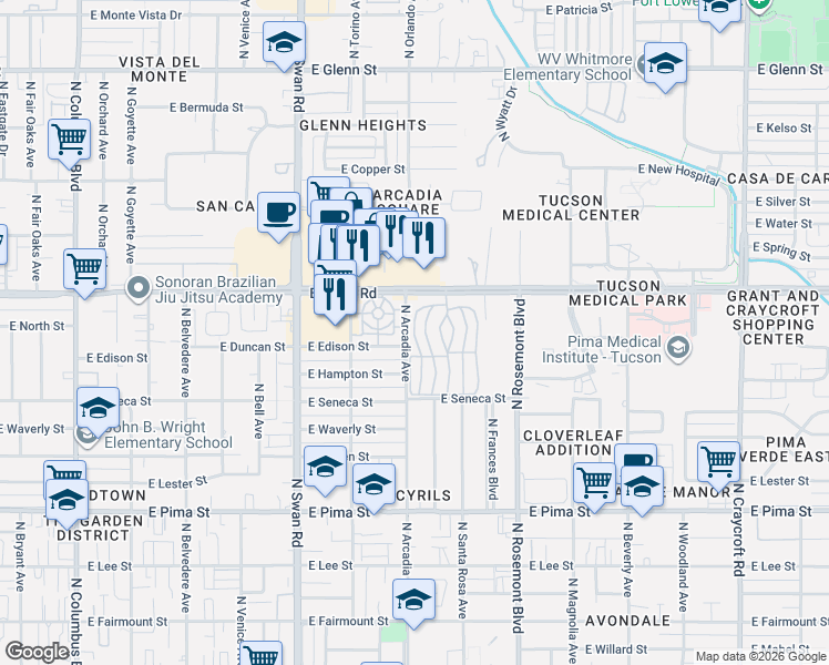 map of restaurants, bars, coffee shops, grocery stores, and more near in Tucson