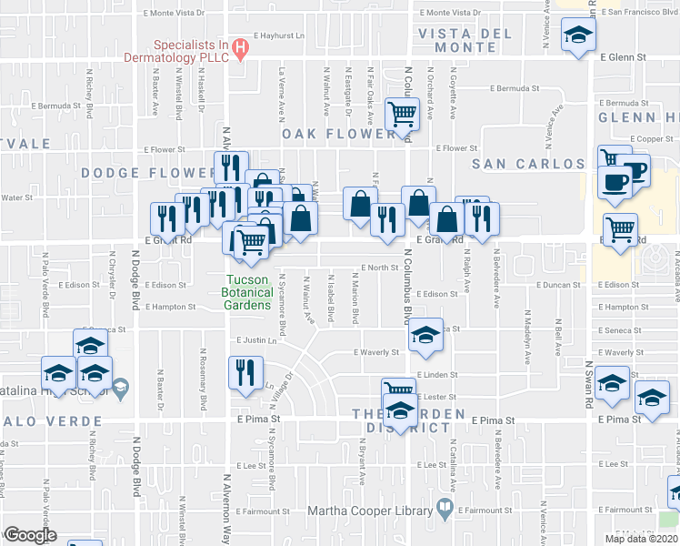 map of restaurants, bars, coffee shops, grocery stores, and more near 4139 East North Street in Tucson