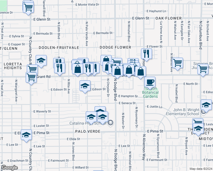 map of restaurants, bars, coffee shops, grocery stores, and more near 3602 East Grant Road in Tucson