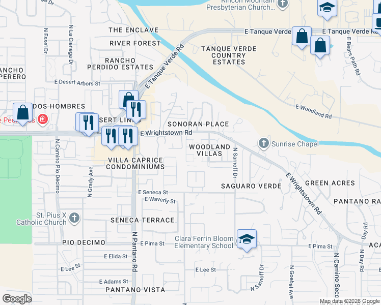 map of restaurants, bars, coffee shops, grocery stores, and more near 8130 East Rivenoak Circle in Tucson