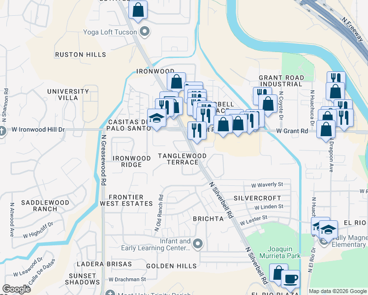 map of restaurants, bars, coffee shops, grocery stores, and more near 2299 North Silverbell Road in Tucson