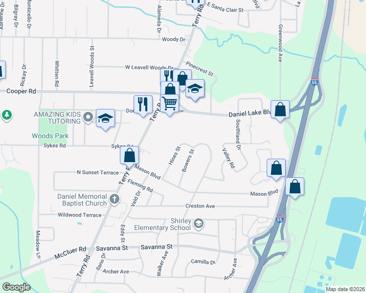 map of restaurants, bars, coffee shops, grocery stores, and more near 3504 Hines Street in Jackson