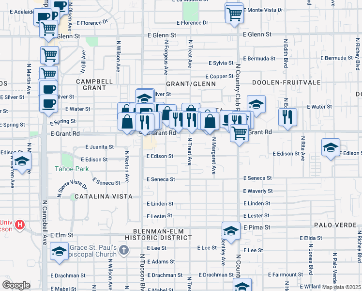 map of restaurants, bars, coffee shops, grocery stores, and more near 2612 East Grant Road in Tucson