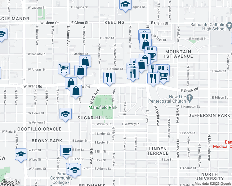 map of restaurants, bars, coffee shops, grocery stores, and more near in Tucson