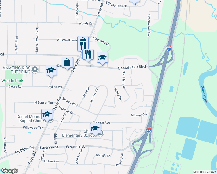 map of restaurants, bars, coffee shops, grocery stores, and more near 3501 Bowers Street in Jackson