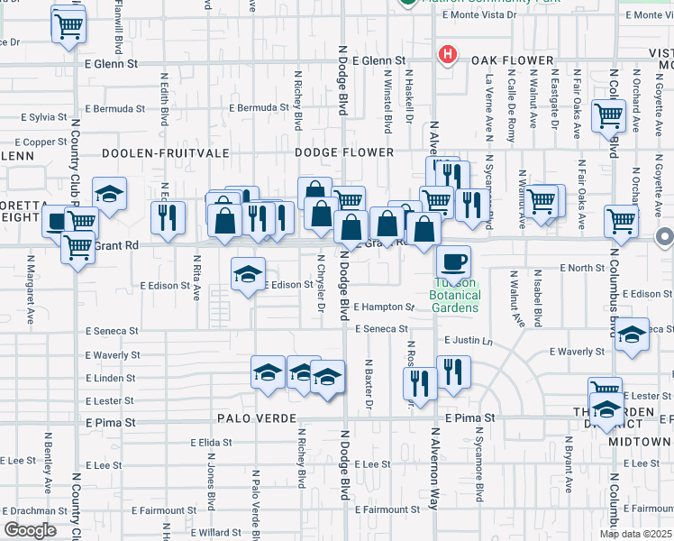 map of restaurants, bars, coffee shops, grocery stores, and more near 2325 North Dodge Boulevard in Tucson