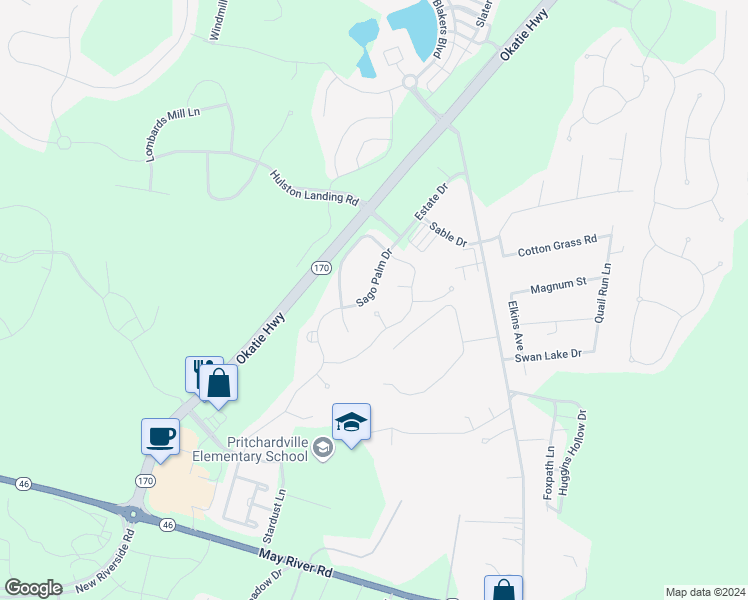 map of restaurants, bars, coffee shops, grocery stores, and more near 33 Sago Palm Drive in Bluffton