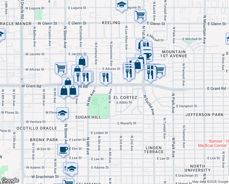 map of restaurants, bars, coffee shops, grocery stores, and more near 402 East Grant Road in Tucson