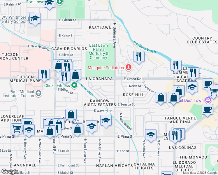 map of restaurants, bars, coffee shops, grocery stores, and more near 5842 East North Street in Tucson