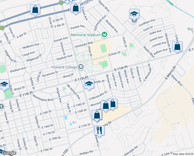 map of restaurants, bars, coffee shops, grocery stores, and more near 1900-2098 East 11th Place in Big Spring