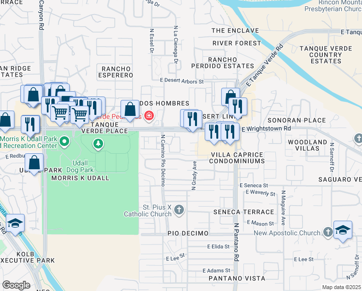 map of restaurants, bars, coffee shops, grocery stores, and more near 7619 East Callisto Circle in Tucson