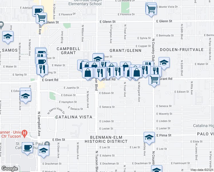 map of restaurants, bars, coffee shops, grocery stores, and more near 2540 East Grant Road in Tucson