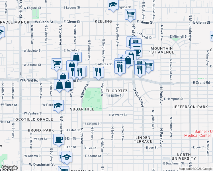 map of restaurants, bars, coffee shops, grocery stores, and more near in Tucson