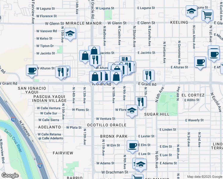 map of restaurants, bars, coffee shops, grocery stores, and more near 231 West Grant Road in Tucson