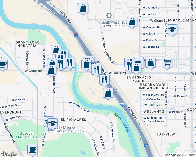 map of restaurants, bars, coffee shops, grocery stores, and more near 1369-1375 W Grant Rd in Tucson