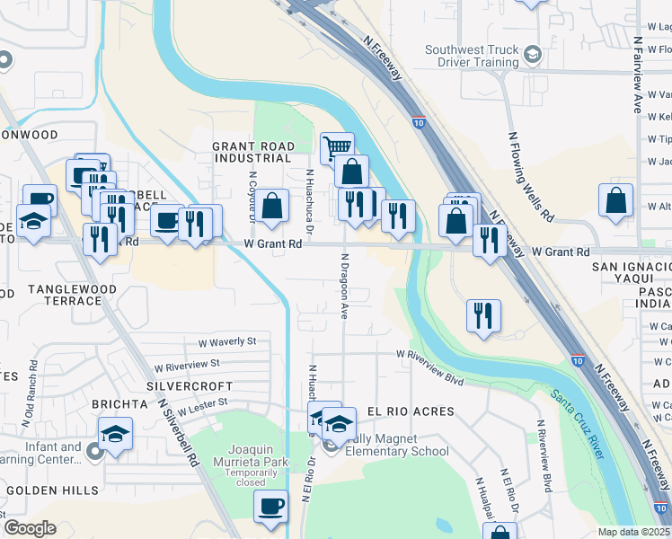 map of restaurants, bars, coffee shops, grocery stores, and more near 1693 W Grant Rd in Tucson